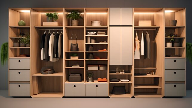 A modular wardrobe system with interchangeable storage modules, allowing for flexible organization based on seasonal needs