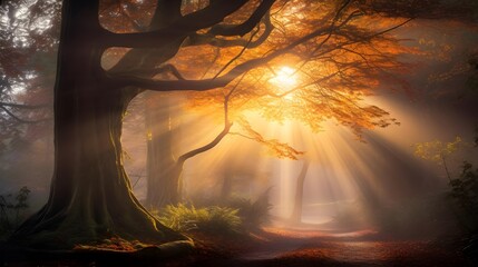 Wall Mural - Panoramic image of a beautiful autumn forest with rays of light