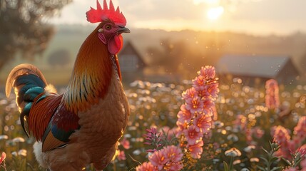 Sticker - A high-definition, 8K wallpaper of a beautiful rooster standing on a farm in the rays of the setting sun.  