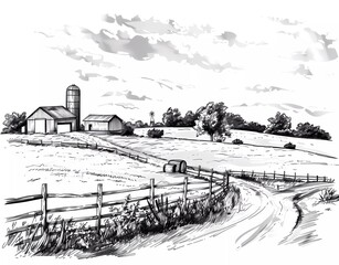 Rural farm landscape drawing hand drawn sketch vector black and white illustration