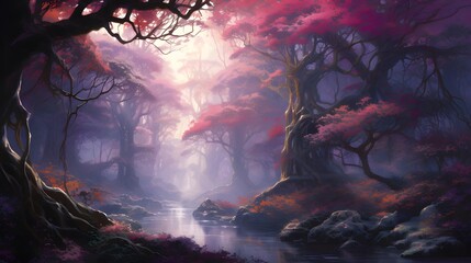 Wall Mural - Fantasy landscape with foggy forest. 3d render illustration.