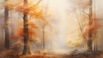 Wall Mural - Autumn forest with fog and sunbeams - panoramic image