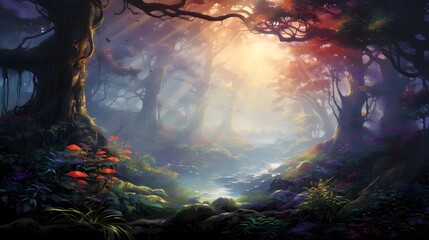 Wall Mural - Fantasy landscape with dark forest and bright sun. 3d rendering