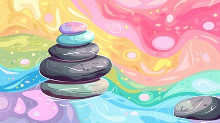 Wall Mural - Illustrate spa stones in a whimsical cartoon style set against a colorful background