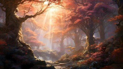 Wall Mural - Fantasy landscape with river, trees and sunset. 3d render