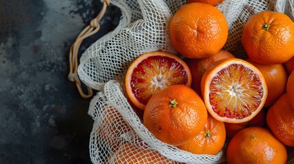 Top view of fresh unpeeled bloody oranges placed in reusable white mesh bag on table