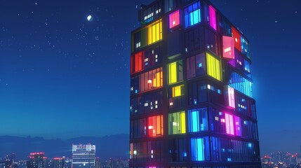 Wall Mural - A tall, rectangular building with bright neon colored windows at night