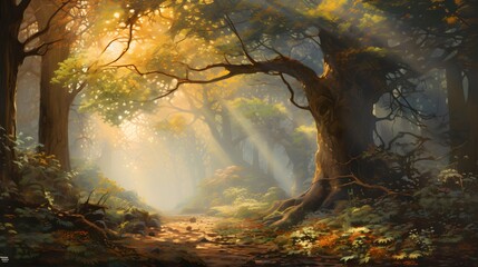 Wall Mural - Autumn forest with fog and sunbeams - panoramic banner