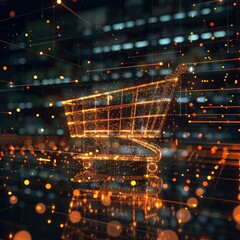 Poster - A CGI 3D render of a shopping cart icon with glowing lines of code swirling around it, creating a sense of movement and innovation.