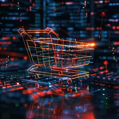 Poster - A CGI 3D render of a shopping cart icon with glowing lines of code swirling around it, creating a sense of movement and innovation.