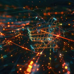 Poster - A CGI 3D render of a shopping cart icon with glowing lines of code swirling around it, creating a sense of movement and innovation. 