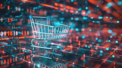 Poster - A sleek, high-tech shopping cart icon hovering in front of a grid of holographic code, with a modern and futuristic aesthetic