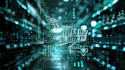 Poster - A shopping cart icon projected as a holographic image, with digital code cascading around it in a high-tech setting. 