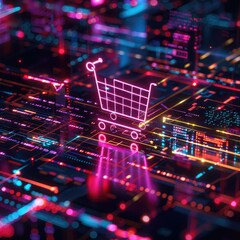 Poster - A CGI scene featuring a shopping cart icon glowing in neon colors, surrounded by floating lines of code and data streams. 
