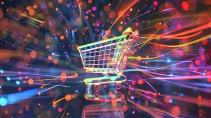 Poster - A shopping cart icon projected as a holographic image, with colorful lines of code swirling around it in a digital environment. 