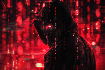 A dark hooded figure with glowing eyes, surrounded by digital code and red lights, representing the cyber security theme
