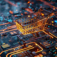 Poster - A CGI 3D render of a shopping cart icon with glowing lines of code, set against a futuristic, digital backdrop. 