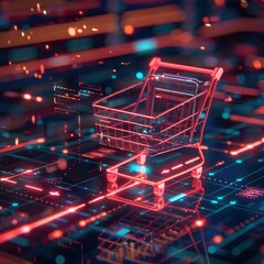 Poster - A CGI 3D render of a shopping cart icon with glowing lines of code, set against a futuristic, digital backdrop. 