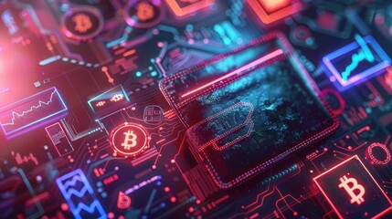 Poster - A digital wallet set against a high-tech background, with a variety of cryptocurrency symbols in neon colors hovering around it.