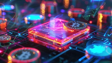 Poster - A futuristic CGI render of a digital wallet with a glowing blockchain network and various colorful digital coins surrounding it.