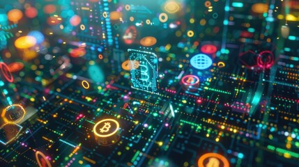 Poster - A CGI scene showing a digital wallet with animated blockchain networks and colorful cryptocurrency symbols orbiting around it.