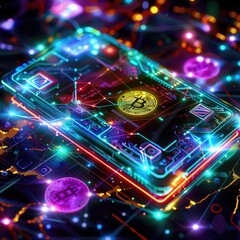 Poster - A digital wallet with a futuristic interface, surrounded by a network of colorful, glowing cryptocurrency symbols. 