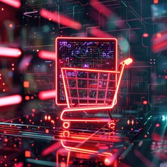 Poster - A CGI 3D render of a shopping cart icon surrounded by a holographic code, set against a futuristic digital background with neon lights. 