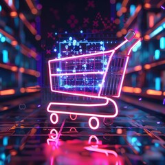 Poster - A CGI 3D render of a shopping cart icon surrounded by a holographic code, set against a futuristic digital background with neon lights. 