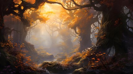 Wall Mural - Autumn forest with falling leaves and fog. Panoramic image.