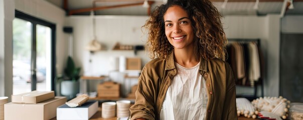 Cheerful curly-haired woman posing confidently with a friendly smile in a tastefully decorated retail shop