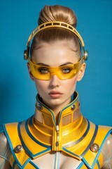 Wall Mural - portrait of young female robot with blue eyes in futuristic clothing. futuristic fashion, future and artificial intelligence concept. futuristic cyber life