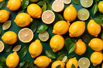Wall Mural - Whole fresh lemons and limes with leaves, background pattern backdrop