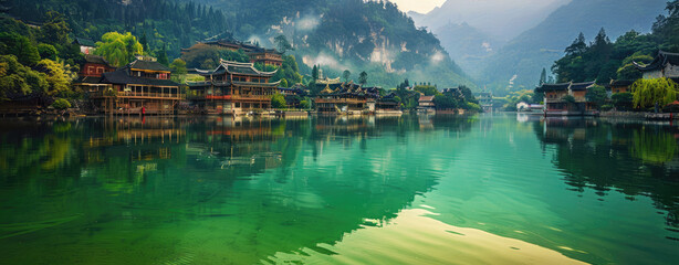 Wall Mural - A green lake in China's mountainous areas, reflecting the surrounding mountains and trees.