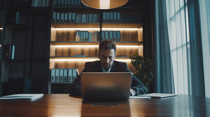 Poster - portrait of a man working with business documents with a laptop on the table in modern office, business analysis research 