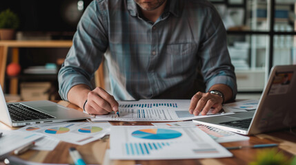 Poster - portrait of a man working with business documents with a laptop on the table in modern office, business analysis research 