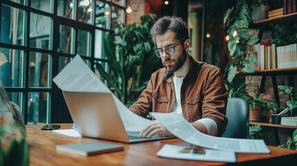 Poster - portrait of a man working with business documents with a laptop on the table in modern office, business analysis research 