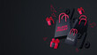 © Tuba Reza - Black Friday poster or banner featuring a black gift box, shopping bag, discount balloon and product display podium. Designed as a sales banner template for social media and websites.