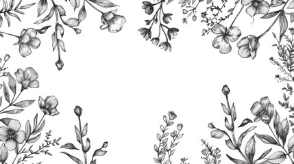 Wall Mural - postcard frame design with hand drawn floral seamless pattern in black and white ink drawn graphic e