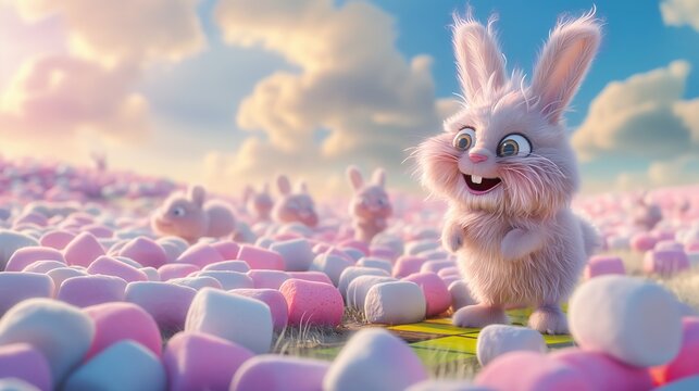 A group of cute, cartoon bunnies with floppy ears and fluffy fur are enjoying a field of colorful marshmallows on a bright, sunny day