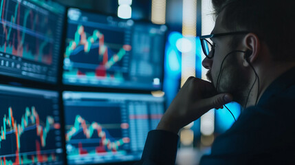 Poster - stocks broker working with stock market data analysis on computer screens