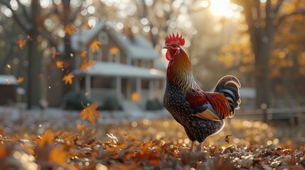 Sticker - A high-definition, 8K wallpaper of a beautiful rooster standing on a farm in the rays of the setting sun. 