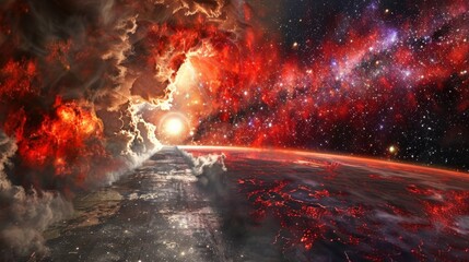 Wall Mural - A space scene with a red sun and a red planet