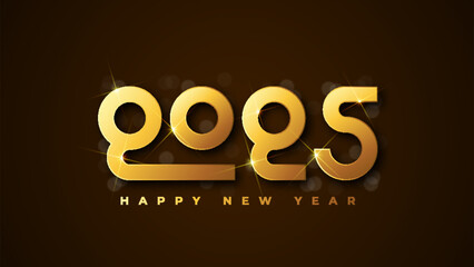 Wall Mural - Happy new year 2025 typographic text poster design celebration. Glowing golden numbers and dark background vector illustration.