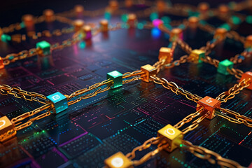 Leinwandbilder - Blockchain network concept with distributed ledger technology. Blockchain text and computer connections on colored background