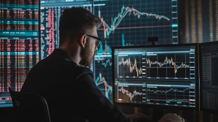 Poster - stocks broker working with stock market data analysis on computer screens