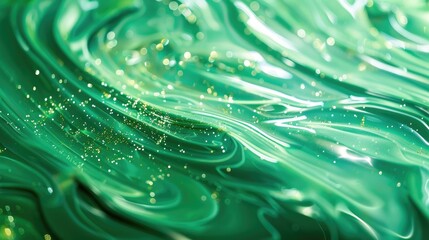 Poster - Shimmery Green Abstract Background with Acrylic Paints and Glitter in Liquid Ripple and Wave Effects on Green Shiny Surface