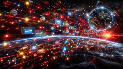 Wall Mural - A colorful galaxy with a bright planet in the center