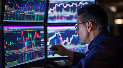 Poster - stocks broker working with stock market data analysis on computer screens