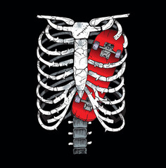 Hand drawn vector illustration of rib cage with skateboard inside. Stylized art for printing on t-shirts, posters, etc.