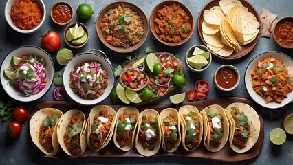 Wall Mural - Top down view of a table full of Mexican tacos with lots of side dishes and sauces